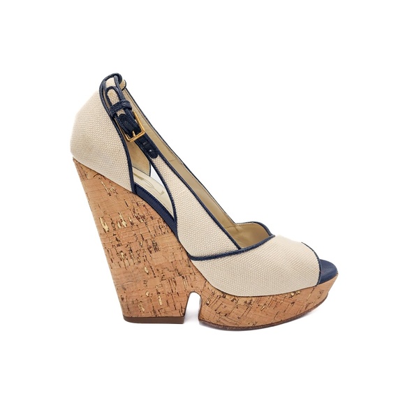 YSL Yves Saint Laurent Canvass Cork Platform Wedge Open Toe...